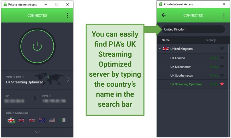 A screenshot showing PIA's Windows UI while connected to its UK Streaming Optimized server before watching Quest TV