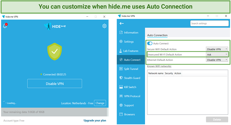 A screenshot showing hide.me's app interface and Automatic Connection feature with a server in the Netherlands
