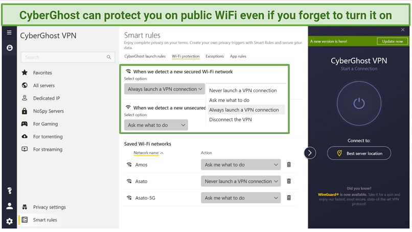 Screenshot of CyberGhost app settings showing where to toggle automatic WiFi protection