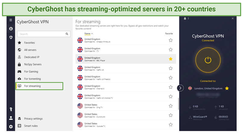 Screenshot showing a list of CyberGhost's streaming-optimized servers