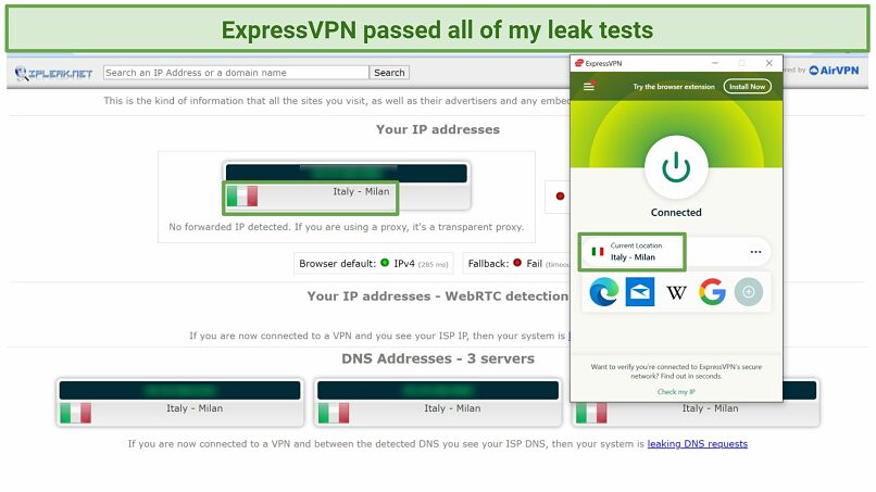 Screenshot of leak tests from IPleak.net performed while connected to ExpressVPN