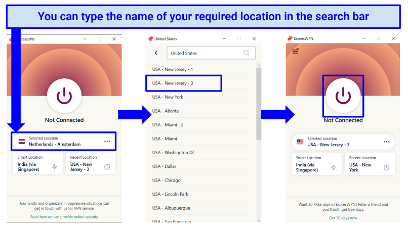 A screenshot showing how to connect to a specific server in the ExpressVPN app