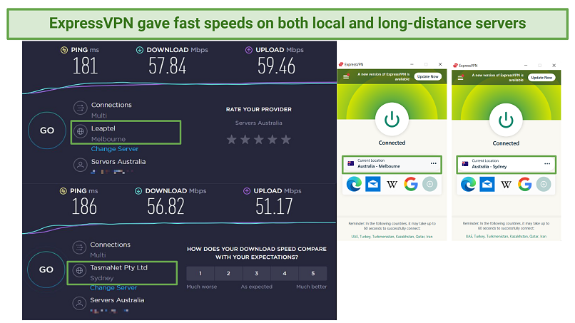screenshot showing ExpressVPN's speed test results