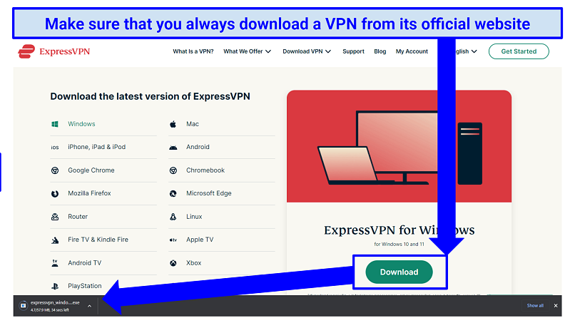 A screenshot showing how to download ExpressVPN