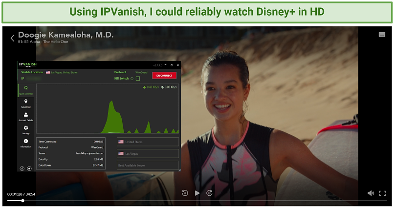 Image of IPVanish successfully unblocking Disney+