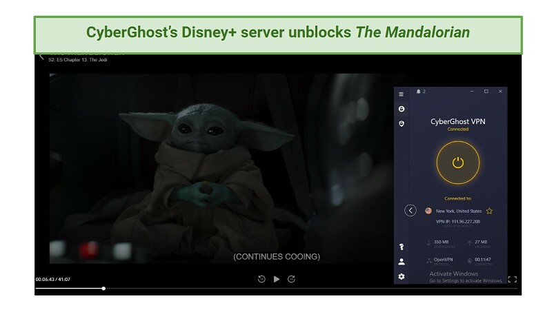 Screenshot showing The Mandalorian playing on Disney+ with CyberGhost connected to a Disney+ optimized server in the foreground