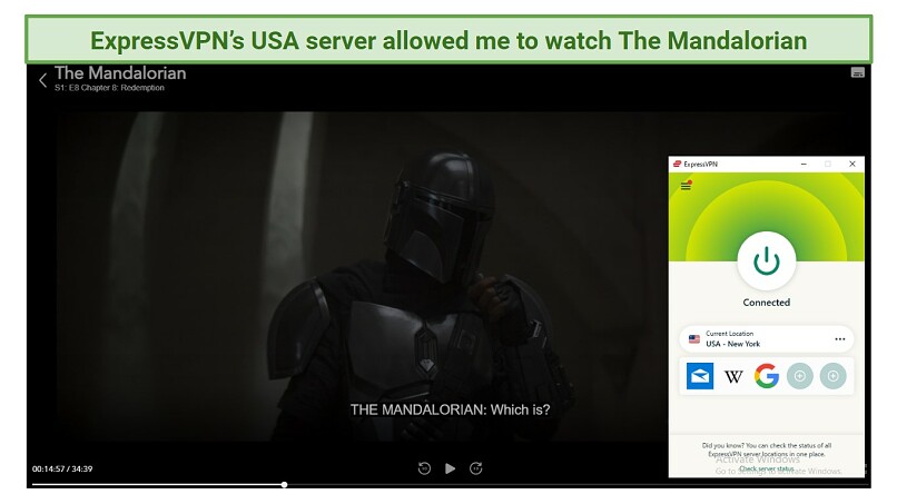 Screenshot showing The Mandalorian playing on Disney+ with ExpressVPN connected to US server