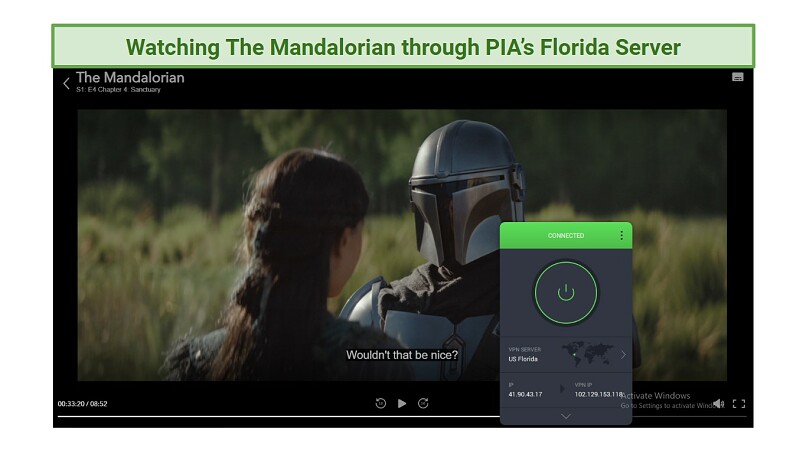Screenshot showing The Mandalorian playing on Disney+ with PIA connected to a Florida server