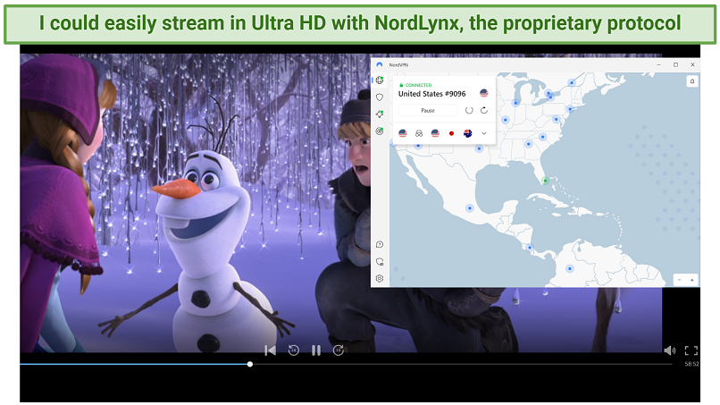 DisneyPlus 스트리밍 브라우저를 통해 미국 서버에 연결된 NordVPN 앱을 보여주는 스크린 샷