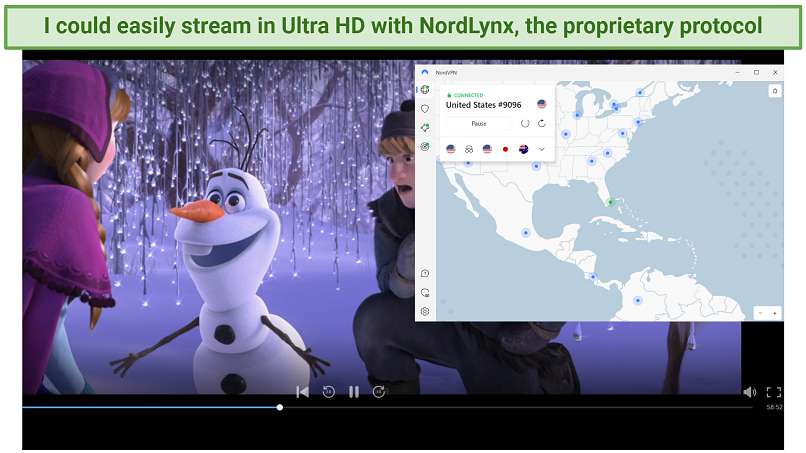 Screenshot showing the NordVPN app connected to a US server over a browser streaming DisneyPlus