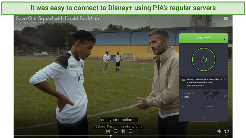 Zrzut ekranu pokazujący aplikację PIA podłączoną do serwera we Francji przez przeglądarkę Disney+