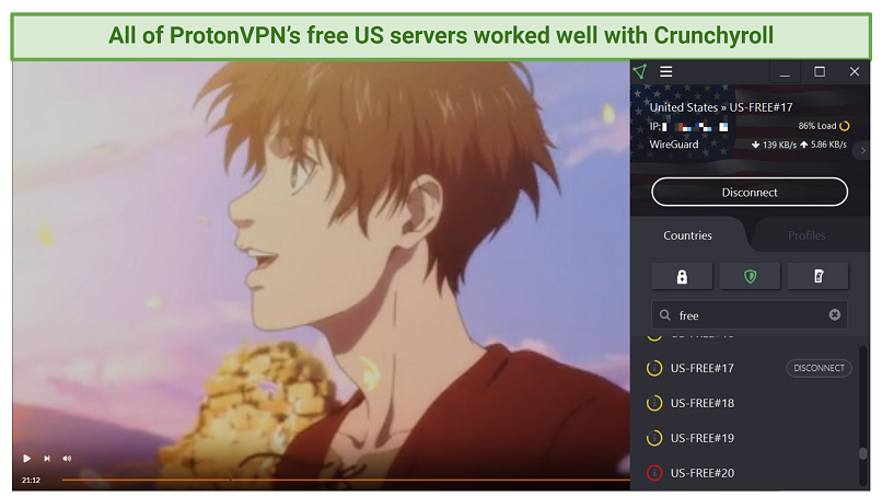 Streaming Attack on Titan on Crunchyroll with ProtonVPN connected