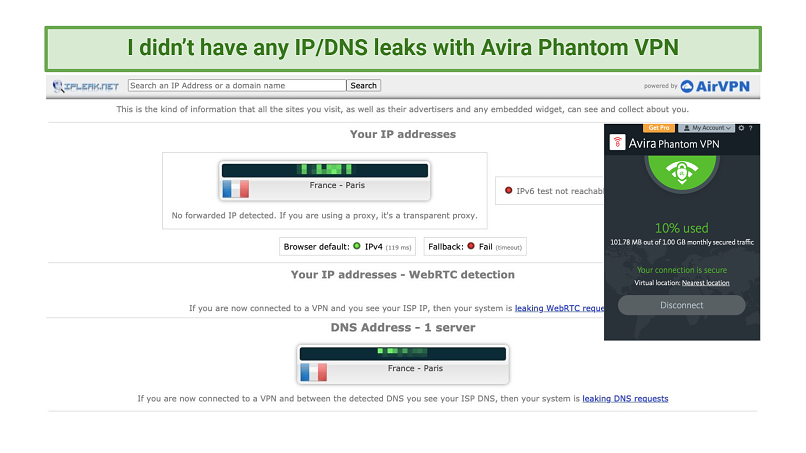 Screenshot of leak test with Avira Phantom VPN