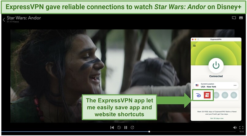 Screenshot of Star Wars: Andor streaming on Disney+ with ExpressVPN connected to a US server