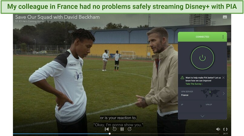Screenshot of Save Our Squad with David Beckham streaming on Disney+ with PIA connected to a server in France