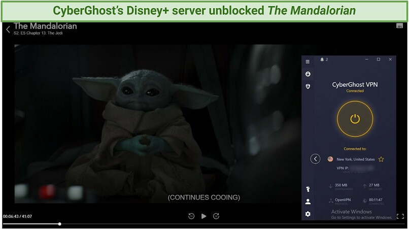Screenshot showing The Mandalorian playing on Disney+ with CyberGhost connected to a Disney+ optimized server in the foreground