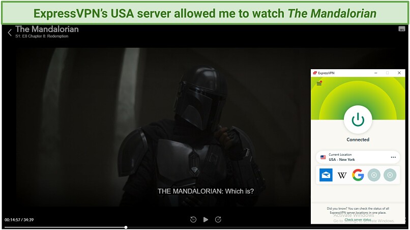 Screenshot showing The Mandalorian playing on Disney+ with ExpressVPN connected to US server