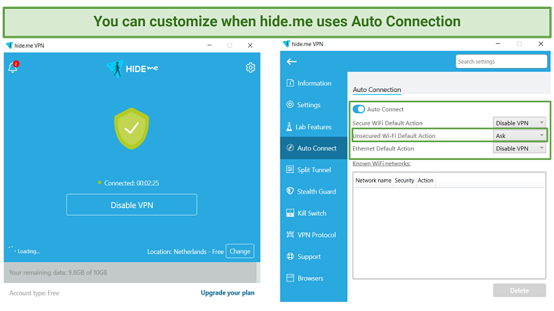 hideme's app interface and Automatic Connection feature