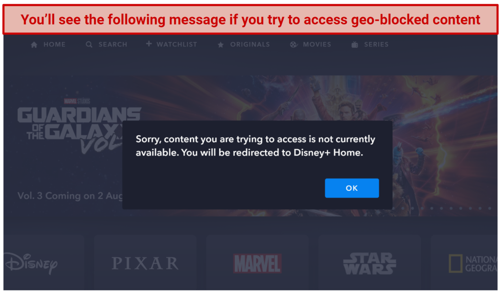 Screenshot of Disney Plus restricted content error message