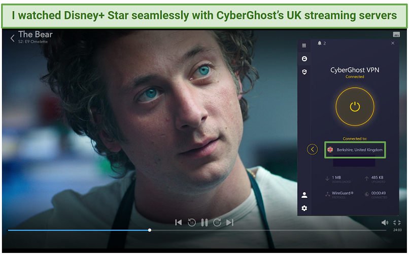 Screenshot of CyberGhost's Disney+ UK Berkshire Optimized server streaming The Bear on Star