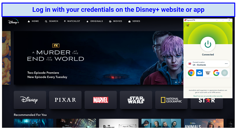 A screenshot of the Disney+ homepage with ExpressVPN connected