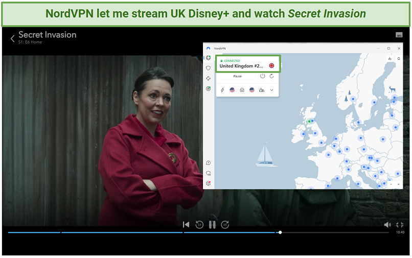 Screenshot of NordVPN's UK servers working with Disney+ to stream Secret Invasion