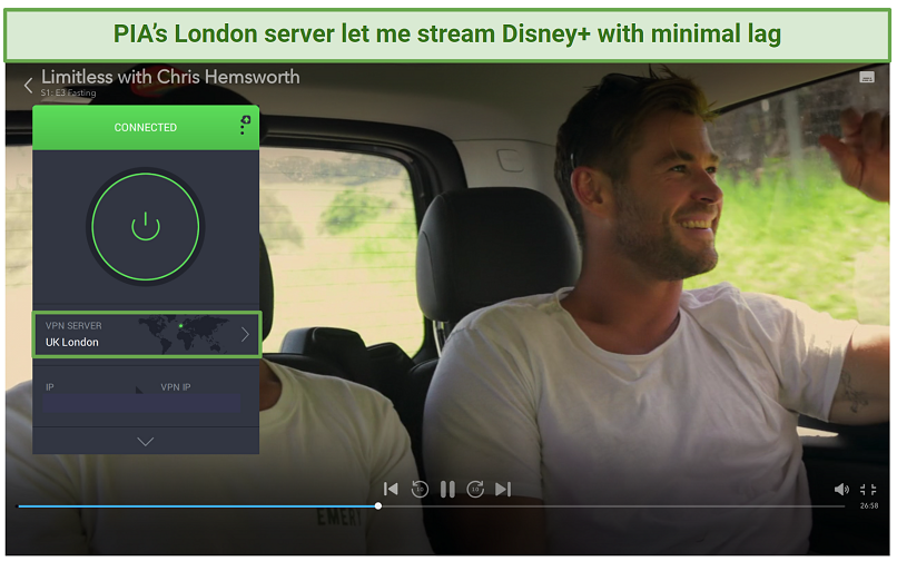 Screenshot of PIA's streaming servers working with Disney+ UK