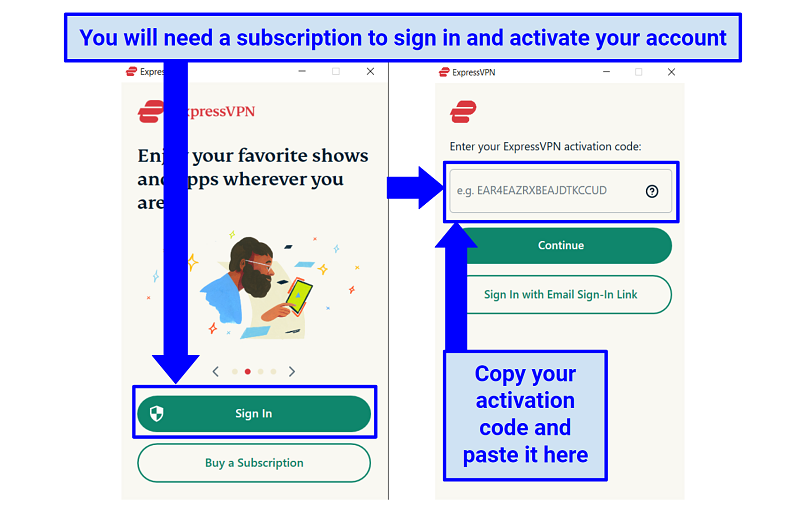 A screenshot showing how to paste the activation code into the ExpressVPN desktop app