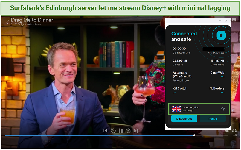 Screenshot of Surfshark working with Disney+ UK on its Edinburgh server