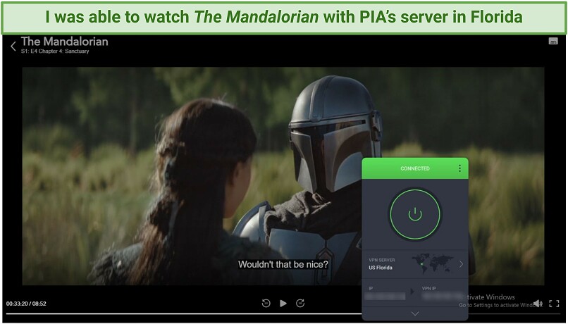 Screenshot showing The Mandalorian playing on Disney+ with PIA connected to a Florida server