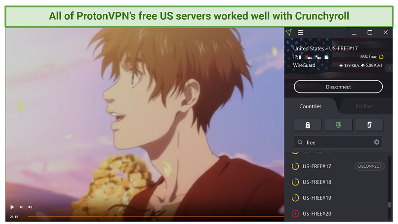 Streaming Attack on Titan on Crunchyroll with Proton VPN connected
