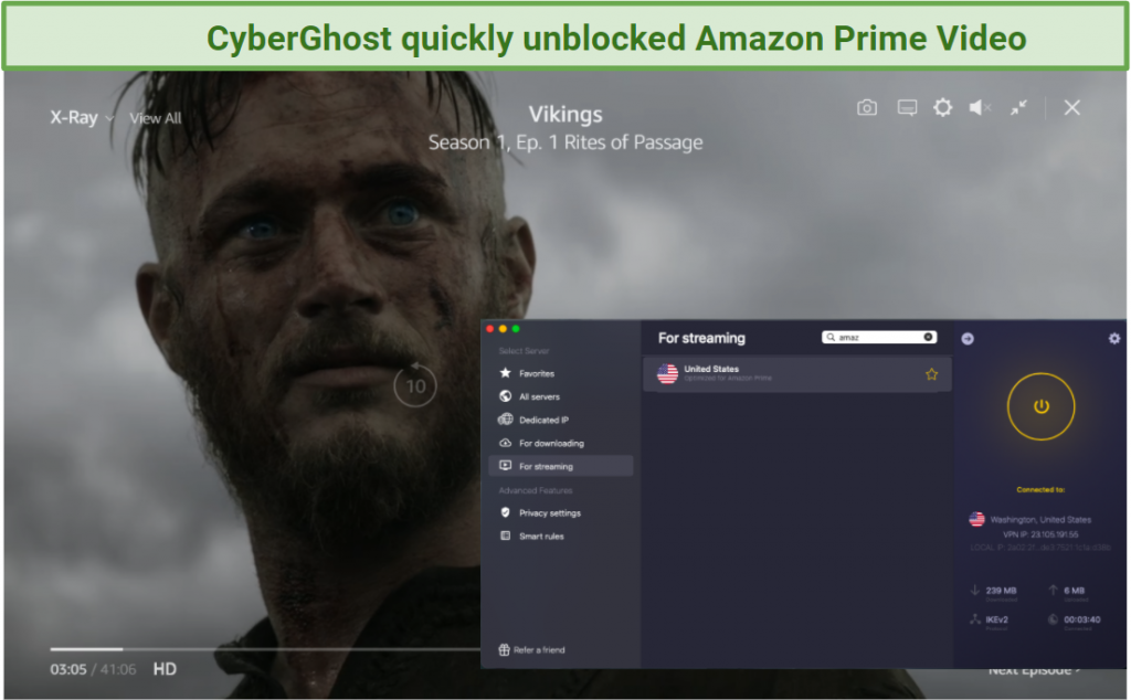 screenshot of Amazon Prime Video player streaming Vikings unblocked by CyberGhost
