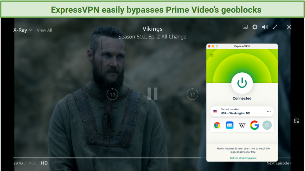 Screenshot of Vikings streaming in Amazon Prime Video's player unblocked with ExpressVPN