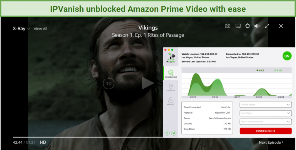 screenshot of Amazon Prime Video player streaming Vikings unblocked with IPVanish