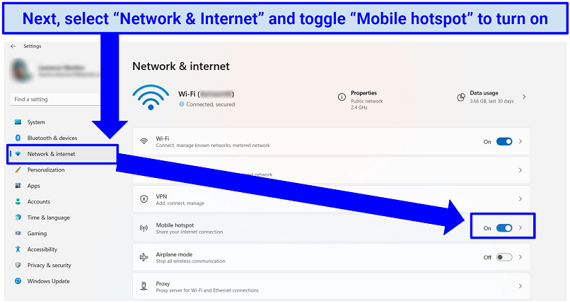 A screenshot showing how to turn on mobile hotspot on Windows
