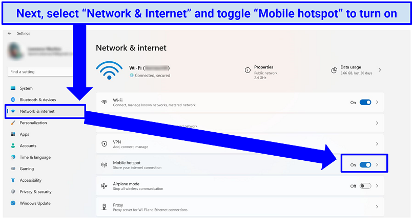 Une capture d'écran montrant comment activer le hotspot mobile sur Windows