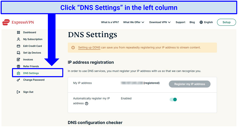 A screenshot showing the DNS setting on ExpressVPN dashboard