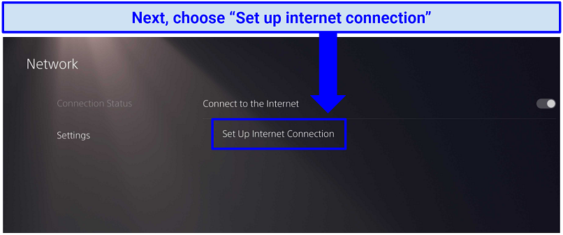 A screenshot showing the Set up internet connection tab in PS4