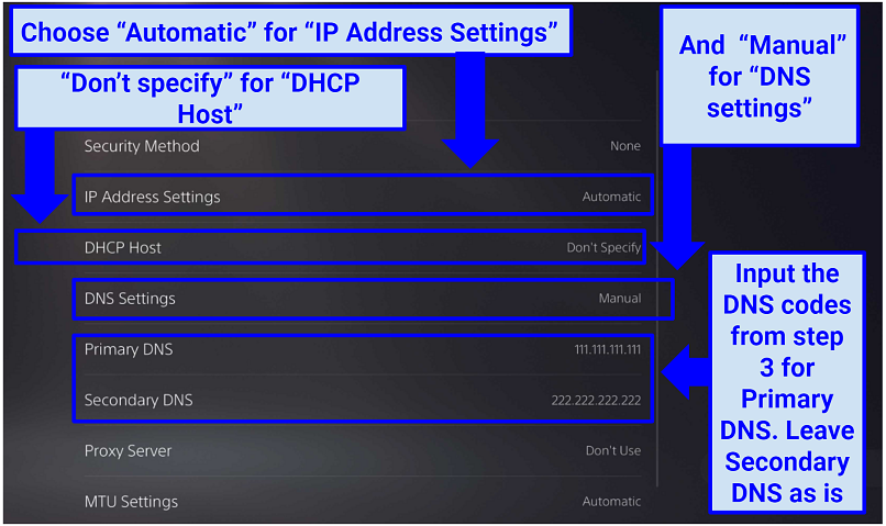 A screenshot showing how to manually configure DNS settings on a PS4
