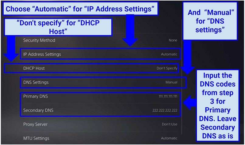 Une capture d'écran montrant comment configurer manuellement les paramètres DNS sur une PS4