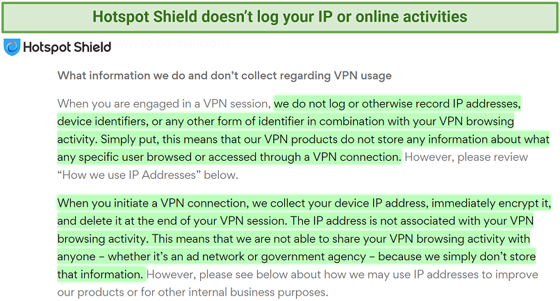 A screenshot showing Hotspot Shield doesn't log and store any sensitive user data.