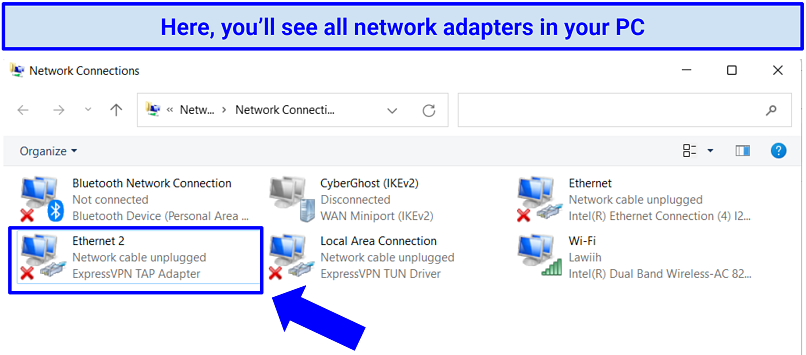 A screenshot showing the Network Connections screen on Windows that displays all network adapters