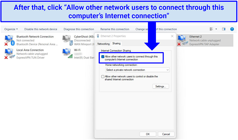 A screenshot showing how to allow other users to connect through your computer's internet connection on Windows