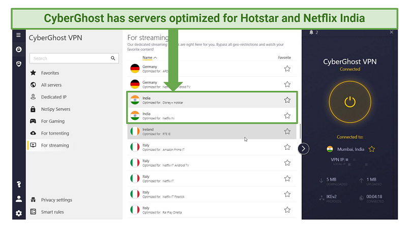 Screenshot showing a list of CyberGhost's streaming-optimized servers