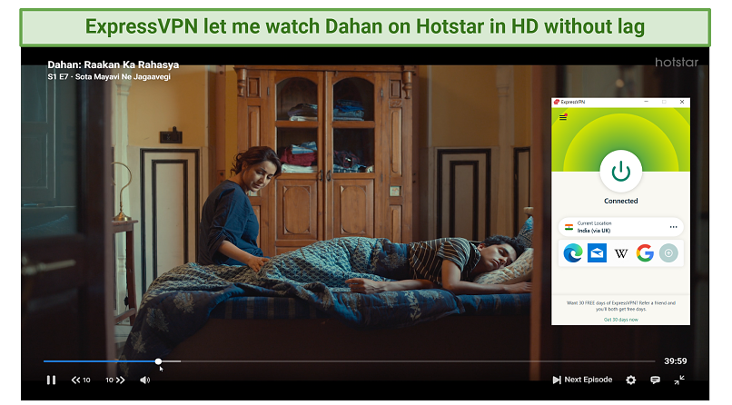 Screenshot of Dahan streaming on Hotstar with ExpressVPN connected