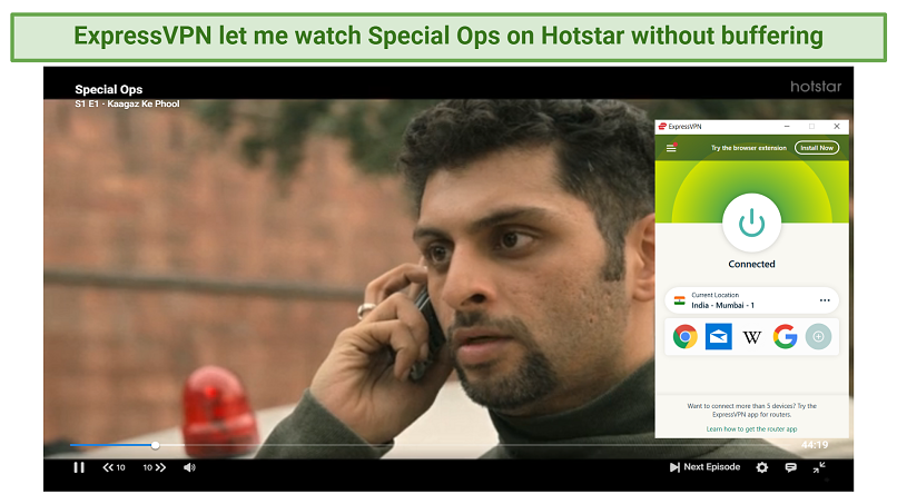 Screenshot showing Special Ops streaming on Hotstar with ExpressVPN connected