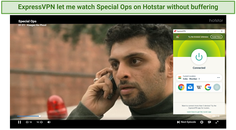 Screenshot showing Special Ops streaming on Hotstar with ExpressVPN connected