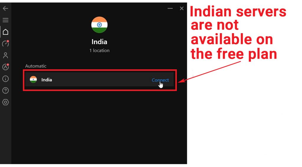 Screenshot of Hotspot Shield’s free VPN app showing that Indian servers are only available on its paid plan.