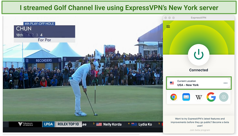 Screenshot of ExpressVPN accessing the AIG Women's Open live
