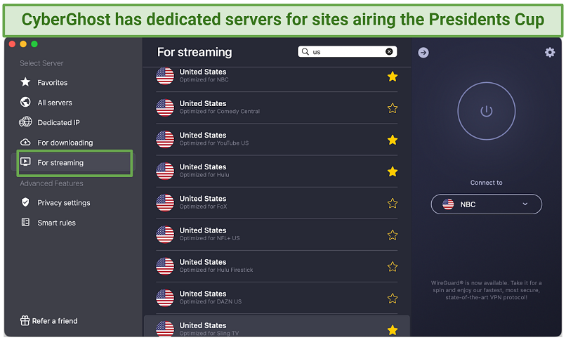 Screenshot of CyberGhost's streaming-optimized servers to quickly access a platform broadcasting the Presidents Cup